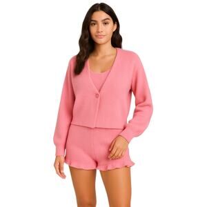 ASOS Pink Fleece Cardigan Short Sleeve T Shirt Shorts Sweater 3 Piece Set Size 2